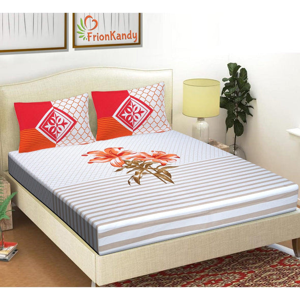Red Majestic Floral Print 240 TC Cotton Double Bed Sheet With 2 Pillow Covers (SHKV1017)
