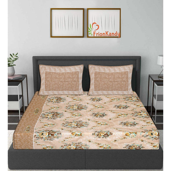 Brown Majestic Floral Print 240 TC Cotton Double Bed Sheet With 2 Pillow Covers (SHKV1018)