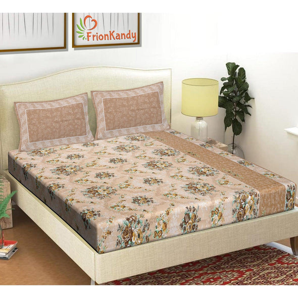 Brown Majestic Floral Print 240 TC Cotton Double Bed Sheet With 2 Pillow Covers (SHKV1018)