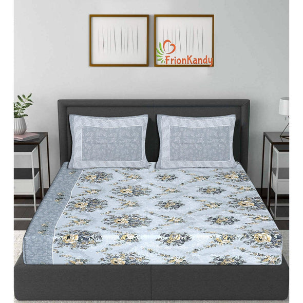 Grey Majestic Floral Print 240 TC Cotton Double Bed Sheet With 2 Pillow Covers (SHKV1020)