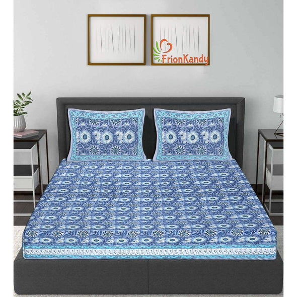 Aqua Blue Majestic Floral Print 240 TC Cotton Double Bed Sheet With 2 Pillow Covers (SHKV1021) - Frionkandy
