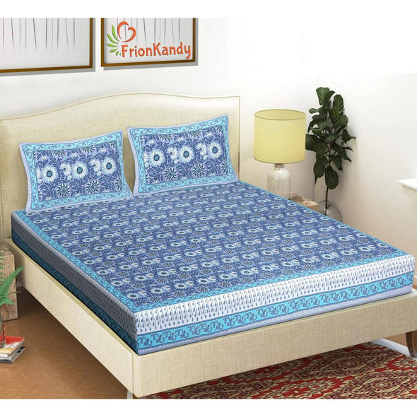 Aqua Blue Majestic Floral Print 240 TC Cotton Double Bed Sheet With 2 Pillow Covers (SHKV1021)