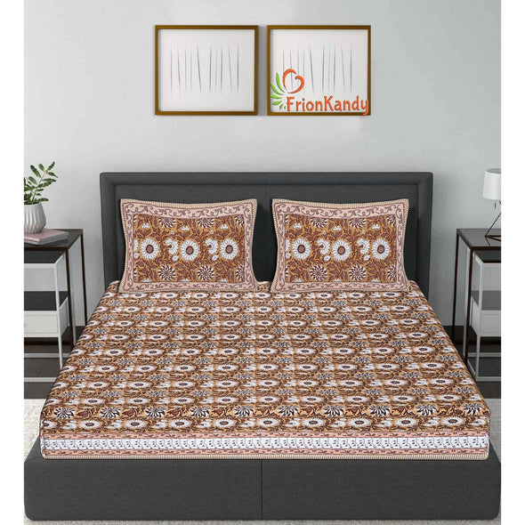 Brown Majestic Floral Print 240 TC Cotton Double Bed Sheet With 2 Pillow Covers (SHKV1023)