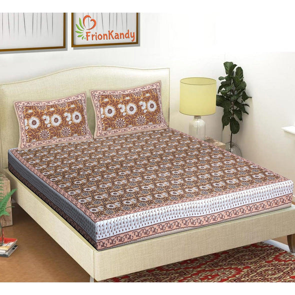 Brown Majestic Floral Print 240 TC Cotton Double Bed Sheet With 2 Pillow Covers (SHKV1023)