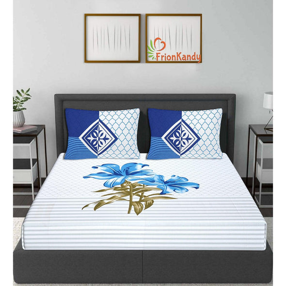Blue Majestic Floral Print 240 TC Cotton Double Bed Sheet With 2 Pillow Covers (SHKV1024) - Frionkandy