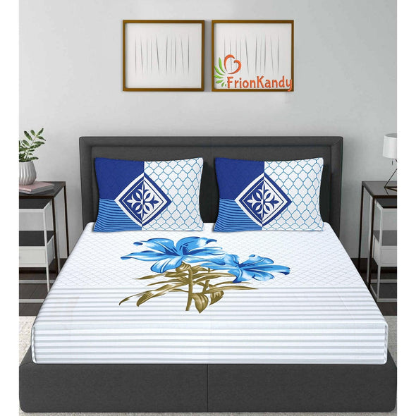 Blue Majestic Floral Print 240 TC Cotton Double Bed Sheet With 2 Pillow Covers (SHKV1024)