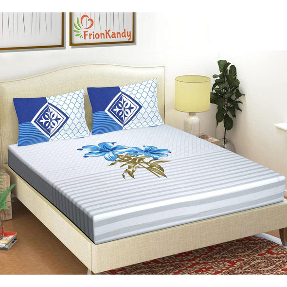 Blue Majestic Floral Print 240 TC Cotton Double Bed Sheet With 2 Pillow Covers (SHKV1024)