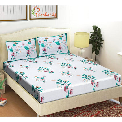 Sea Green Majestic Floral Print 240 TC Cotton Double Bed Sheet With 2 Pillow Covers (SHKV1028)