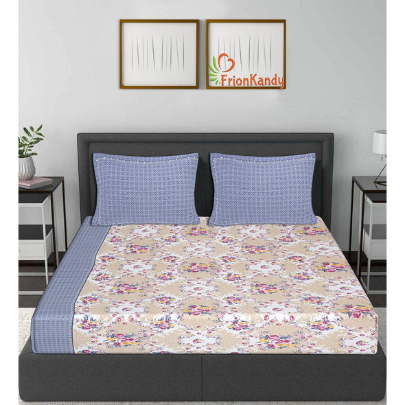 Light Blue Majestic Floral Print 240 TC Cotton Double Bed Sheet With 2 Pillow Covers (SHKV1029) - Frionkandy