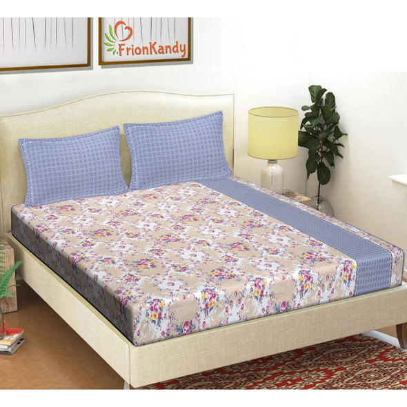 Light Blue Majestic Floral Print 240 TC Cotton Double Bed Sheet With 2 Pillow Covers (SHKV1029) - Frionkandy