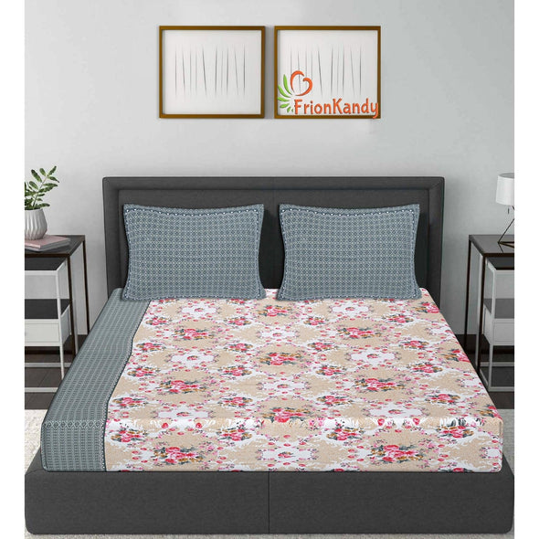 Grey Majestic Floral Print 240 TC Cotton Double Bed Sheet With 2 Pillow Covers (SHKV1030)