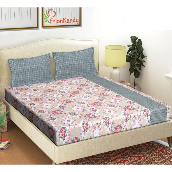 Grey Majestic Floral Print 240 TC Cotton Double Bed Sheet With 2 Pillow Covers (SHKV1030)