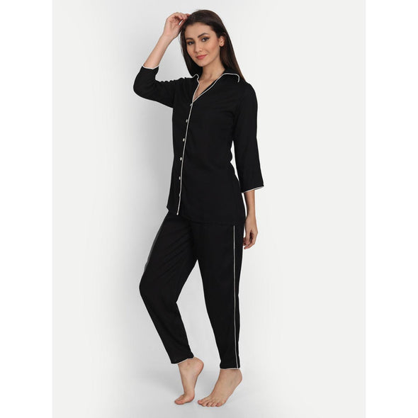 Women Black Rayon Solid Night Suit (SHKY1001)