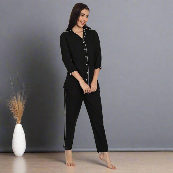Women Black Rayon Solid Night Suit (SHKY1001)