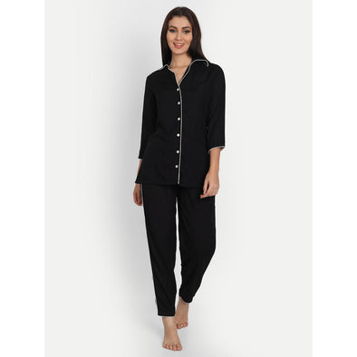 Women Black Rayon Solid Night Suit (SHKY1001) - Frionkandy