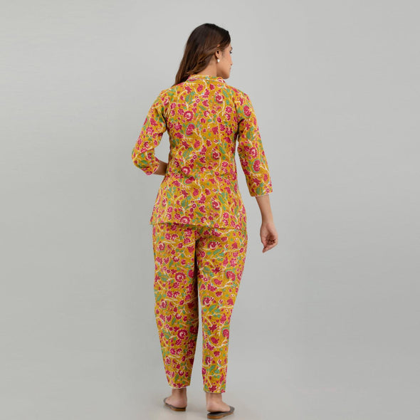 Women Mustard Cotton Floral Print Night Suit (SHKY1002)
