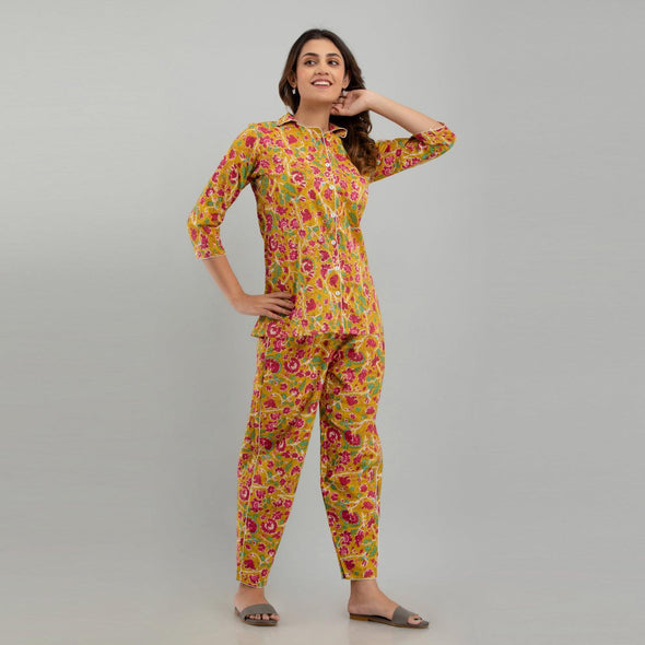 Women Mustard Cotton Floral Print Night Suit (SHKY1002)