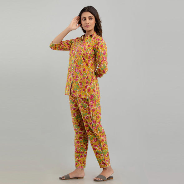 Women Mustard Cotton Floral Print Night Suit (SHKY1002)