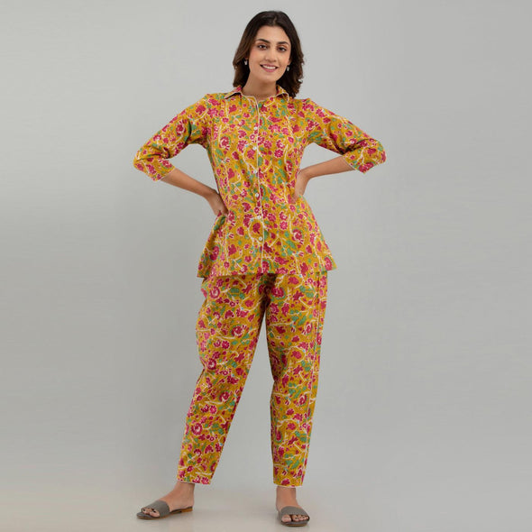 Women Mustard Cotton Floral Print Night Suit (SHKY1002)