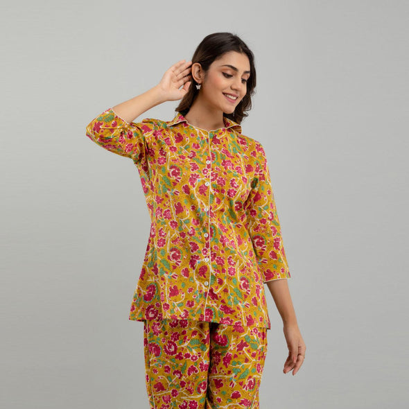 Women Mustard Cotton Floral Print Night Suit (SHKY1002)
