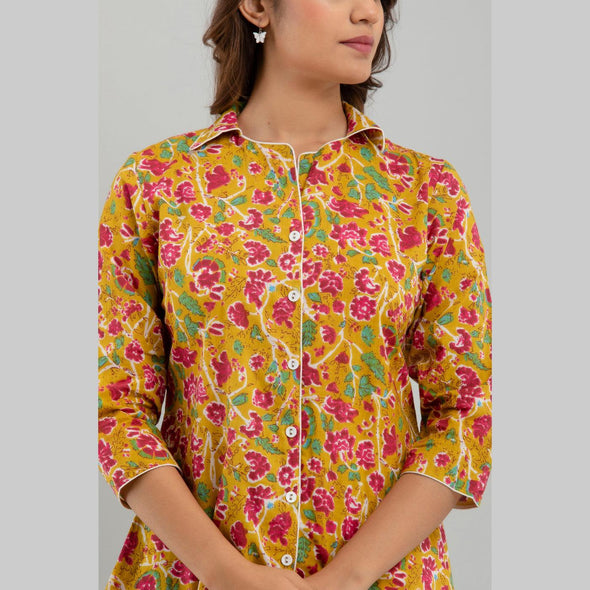 Women Mustard Cotton Floral Print Night Suit (SHKY1002)