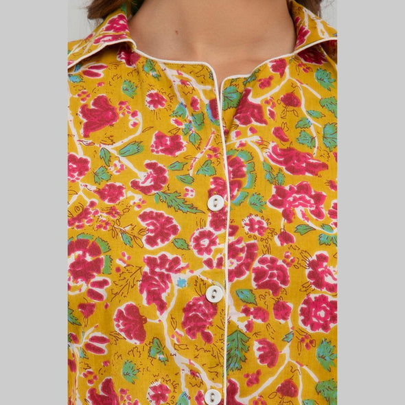 Women Mustard Cotton Floral Print Night Suit (SHKY1002)