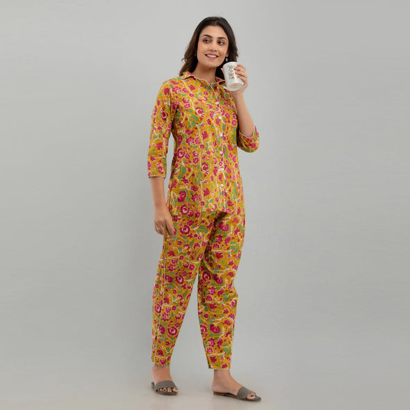 Women Mustard Cotton Floral Print Night Suit (SHKY1002)