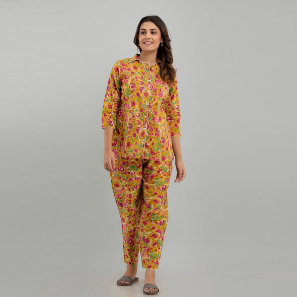 Women Mustard Cotton Floral Print Night Suit (SHKY1002)