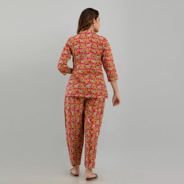 Women Red Cotton Floral Print Night Suit (SHKY1003)