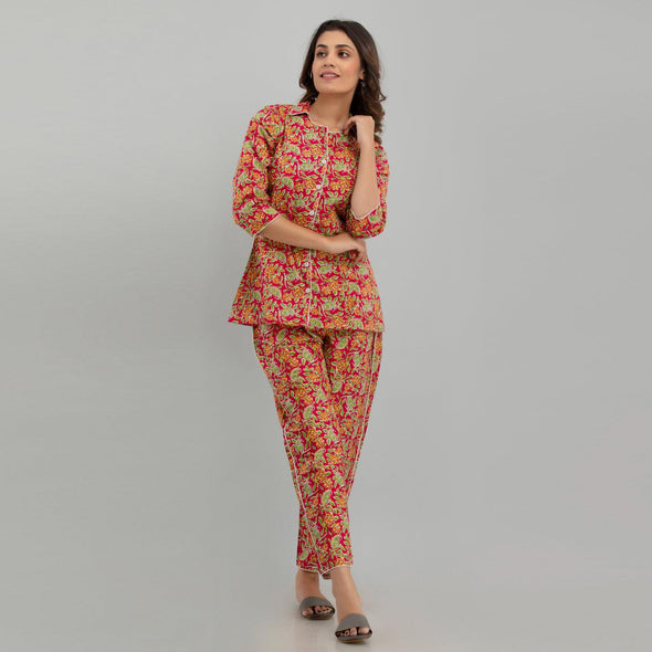 Women Red Cotton Floral Print Night Suit (SHKY1003)