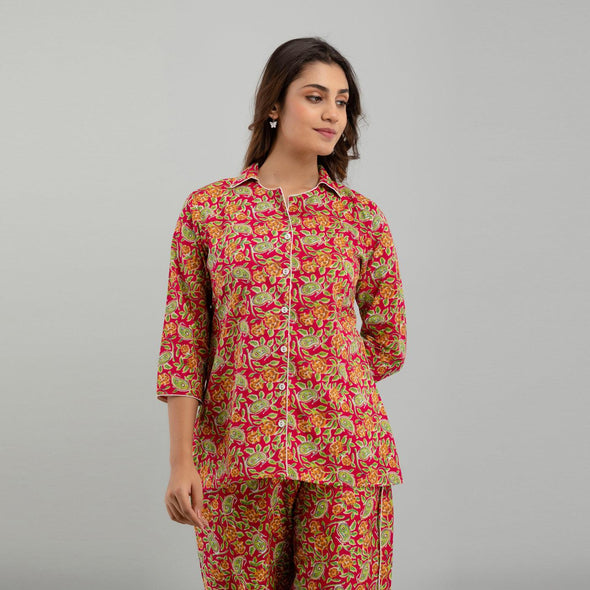 Women Red Cotton Floral Print Night Suit (SHKY1003)