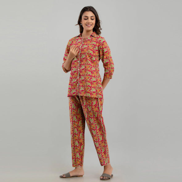 Women Red Cotton Floral Print Night Suit (SHKY1003)