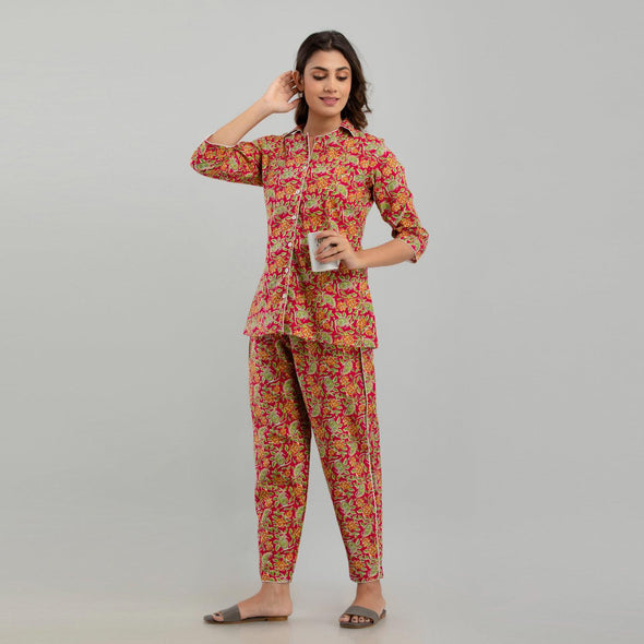 Women Red Cotton Floral Print Night Suit (SHKY1003)