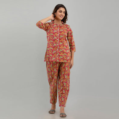 Women Red Cotton Floral Print Night Suit (SHKY1003) - Frionkandy