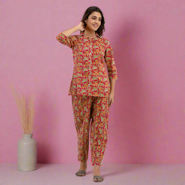 Women Red Cotton Floral Print Night Suit (SHKY1003)