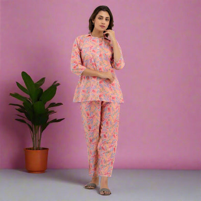 Women Pink Cotton Floral Print Night Suit (SHKY1004)