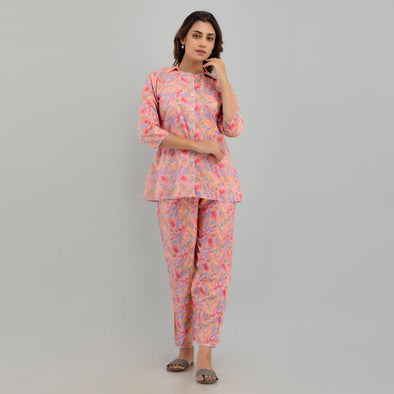 Women Pink Cotton Floral Print Night Suit (SHKY1004)
