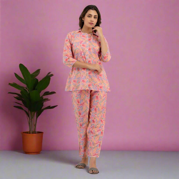 Women Pink Cotton Floral Print Night Suit (SHKY1004)