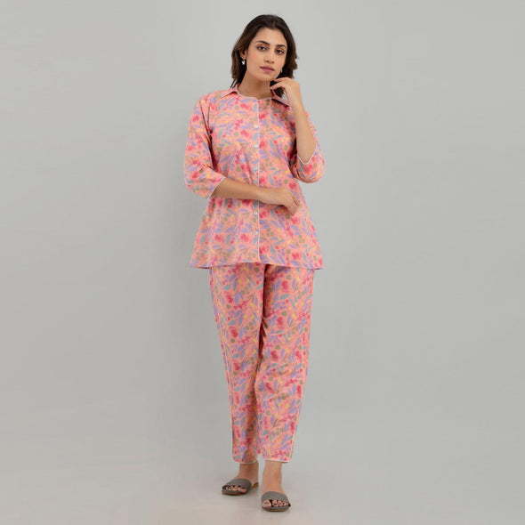 Women Pink Cotton Floral Print Night Suit (SHKY1004) - Frionkandy