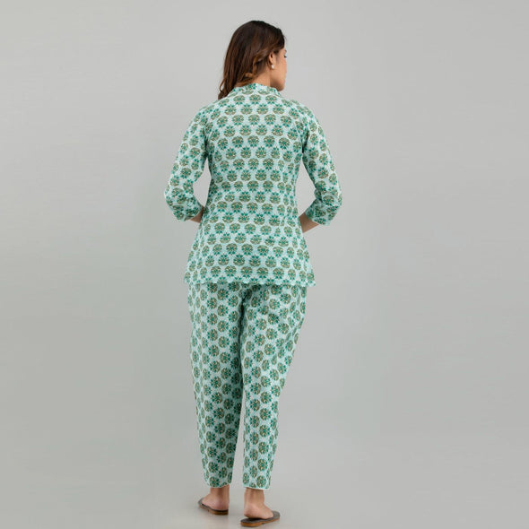 Women Sea Green Cotton Floral Print Night Suit (SHKY1004)