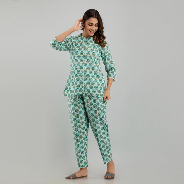 Women Sea Green Cotton Floral Print Night Suit (SHKY1004)
