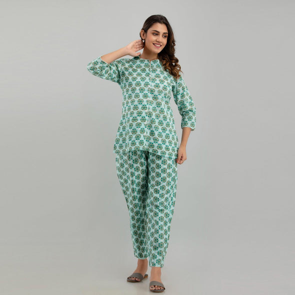 Women Sea Green Cotton Floral Print Night Suit (SHKY1004)
