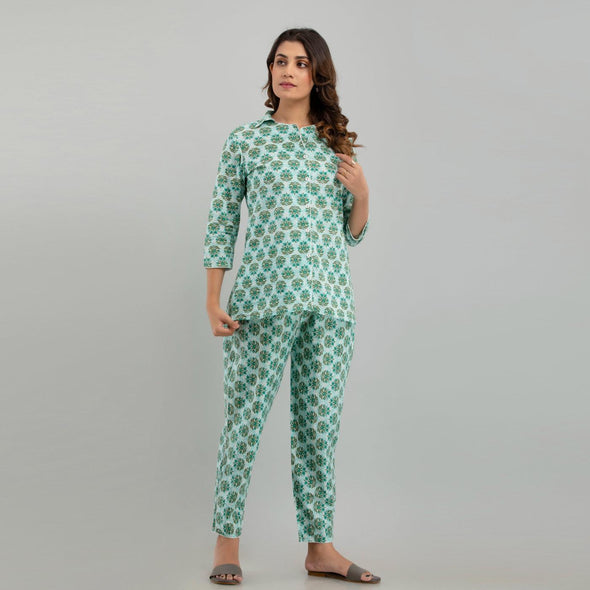 Women Sea Green Cotton Floral Print Night Suit (SHKY1004)