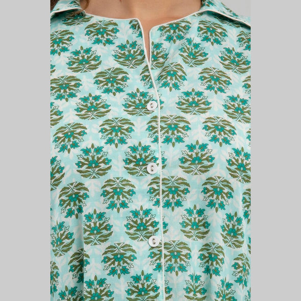 Women Sea Green Cotton Floral Print Night Suit (SHKY1004) - Frionkandy