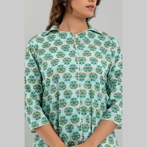 Women Sea Green Cotton Floral Print Night Suit (SHKY1004)