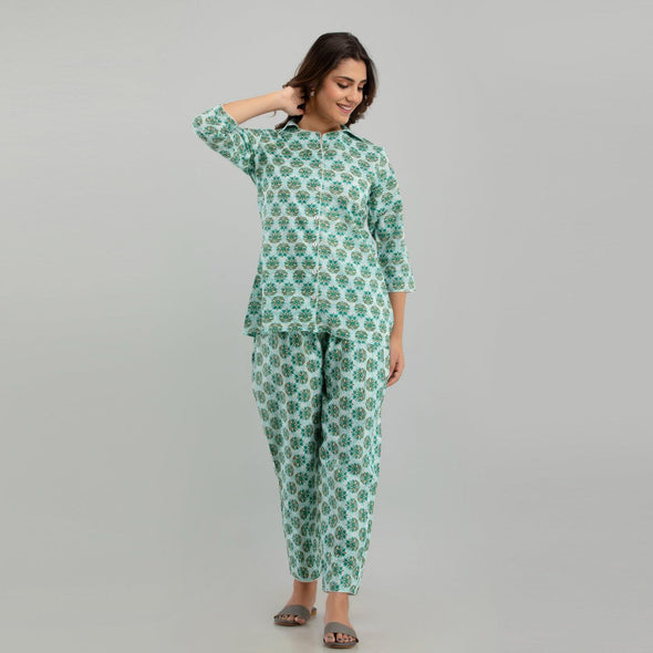 Women Sea Green Cotton Floral Print Night Suit (SHKY1004) - Frionkandy