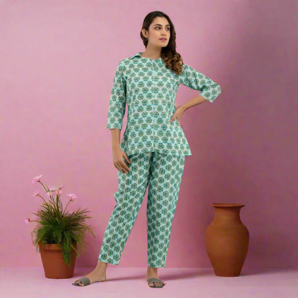 Women Sea Green Cotton Floral Print Night Suit (SHKY1004)