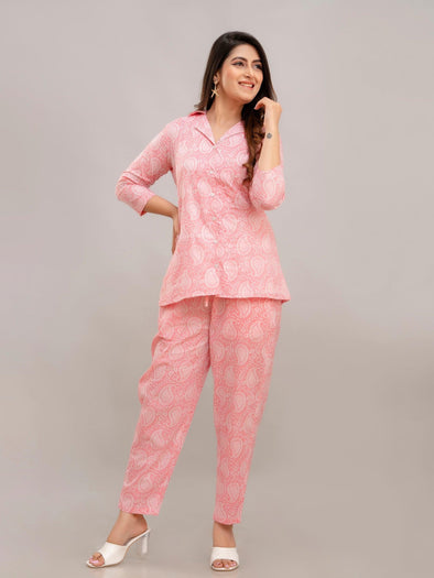 Women Baby Pink Printed Co-ord Set - Frionkandy