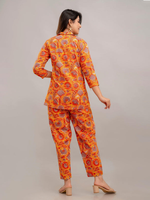 Women Deep Orange Printed Co-ord Set - Frionkandy