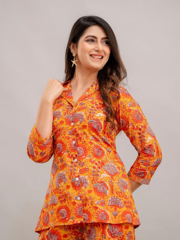 Women Deep Orange Printed Co-ord Set - Frionkandy